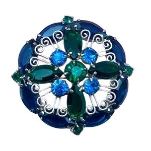 Vintage Julianna D & E Emerald Green Blue Silver Scroll Rhinestone  Brooch EUC
